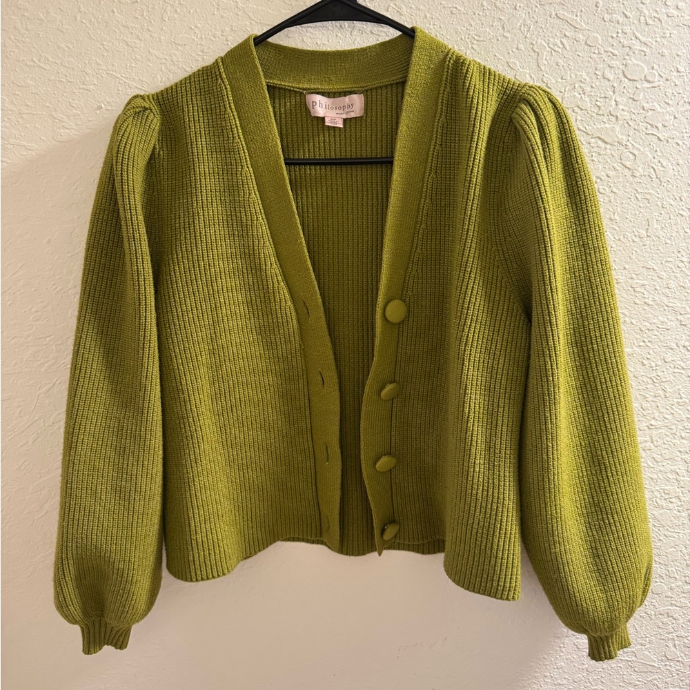 Philosophy - Olive Green Puff Sleeve Cardigan -  Small